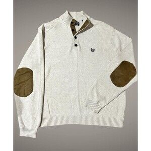 Chaps Oatmeal Beige 1/4 Button Mock Neck Pullover Sweater Elbow Patches Men’s XL